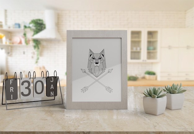 Decorative frame mockup on table at home