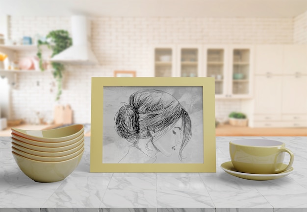 PSD decorative frame mockup on table at home