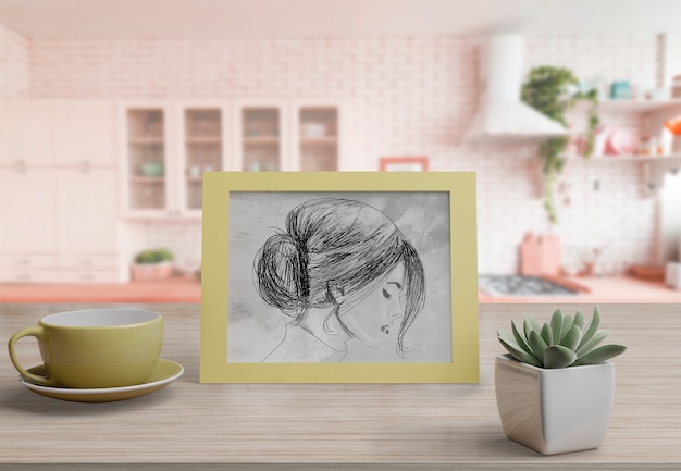 PSD decorative frame mockup on table at home