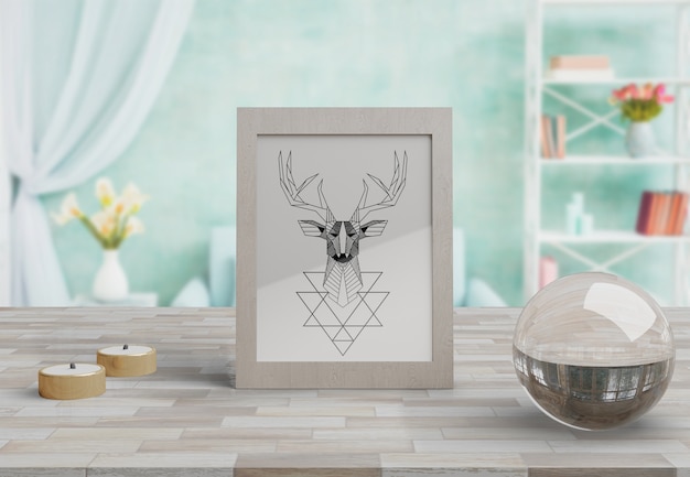 Decorative frame mockup on table at home