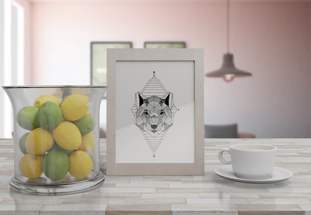 PSD decorative frame mockup on table at home