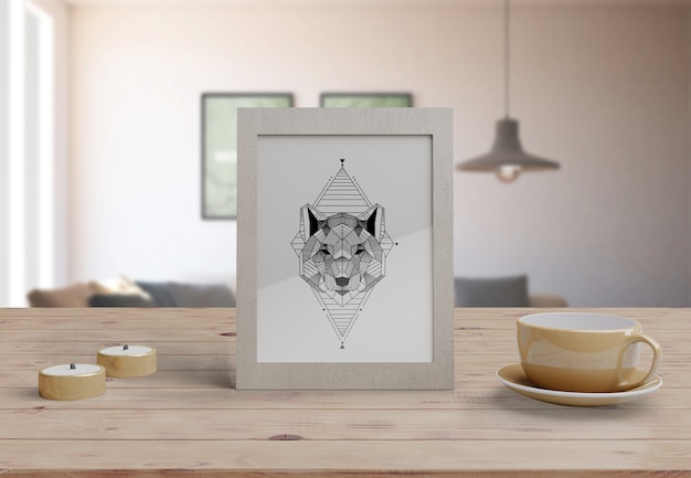 PSD decorative frame mockup on table at home