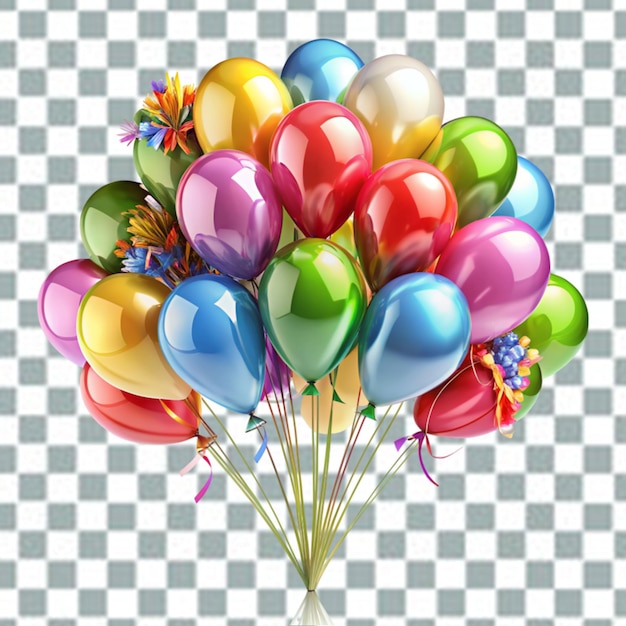 PSD carte di compleanno decorative a palloncini multicolori su sfondo trasparente