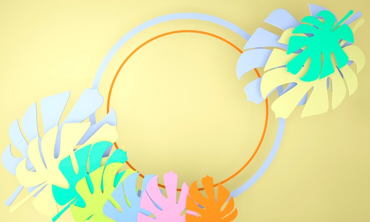 PSD モンステラの葉の装飾的な丸いフレーム、3dレンダリング