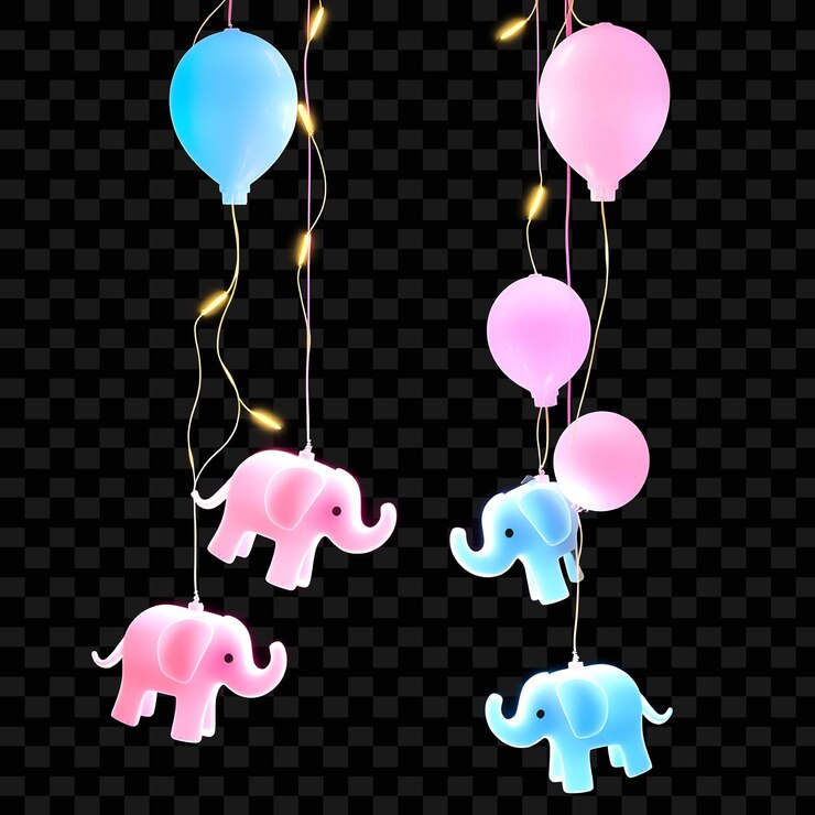 PSD decorative string baby elephants and balloons neon twinkles bounce along the string a playful bir