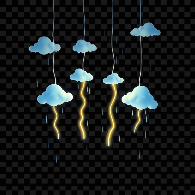 Decorative String Cartoon Clouds and Raindrops Neon Lightning Bolts Strike Along the String Softly
