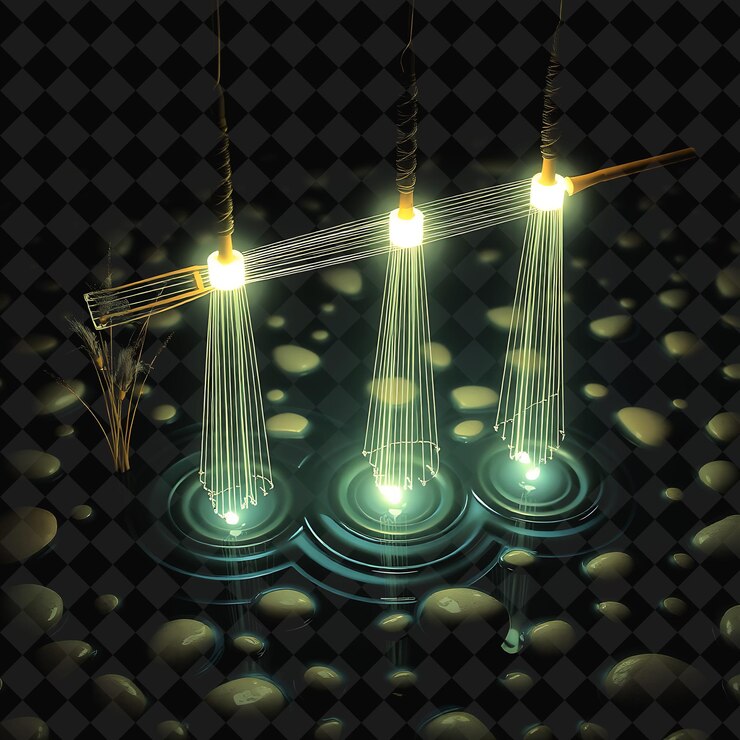 PSD decorative string cattail stalks and smooth pebbles neon ripples flow between the pebbles creating