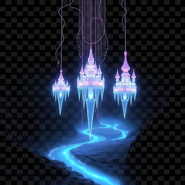 PSD decorative string crystal castles and glowing rivers neon rivers flow gently beneath the castles c