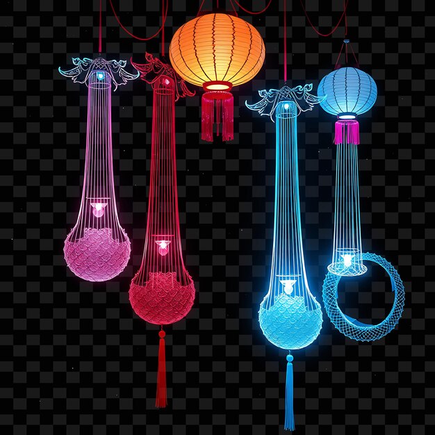 decorative string dragon scales and floating lanterns neon light reflects from the scales creating