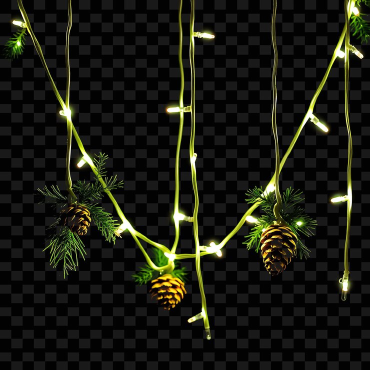 PSD decorative string evergreen sprigs and pinecones soft neon lights highlight the natural decoration