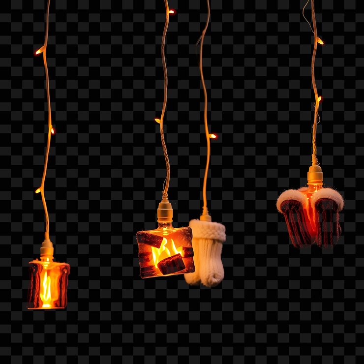 PSD decorative string fireplaces and cozy socks glowing neon logs crackle along the string with soft s
