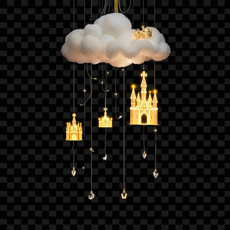PSD decorative string floating castles and luminous crowns neon light outlines the castles casting a r