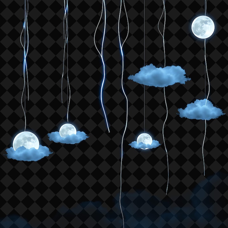 PSD decorative string floating clouds and glowing moons neon light traces the moons as the clouds drif
