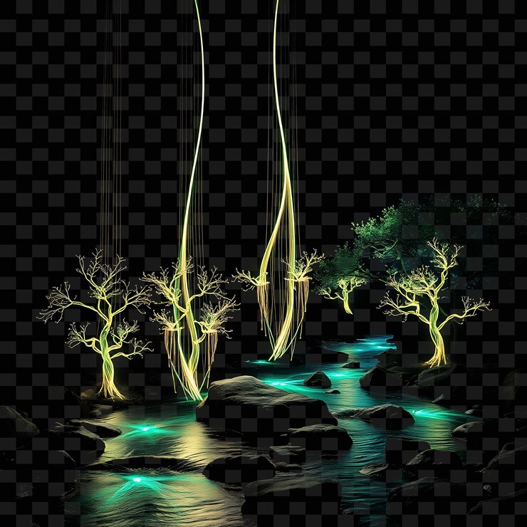 PSD decorative string glowing trees and shimmering river stones neon lights ripple along the stones ca