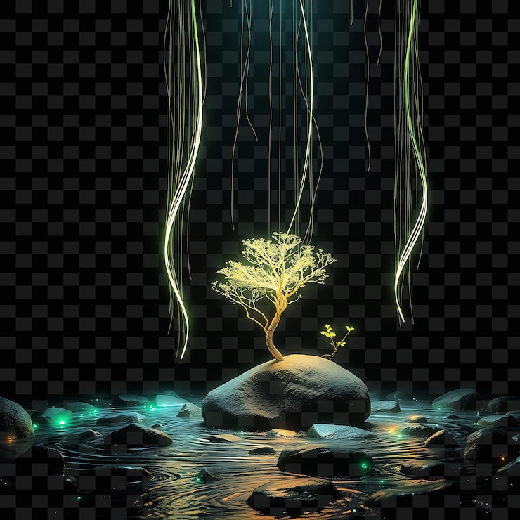 PSD decorative string glowing trees and shimmering river stones neon lights ripple along the stones ca