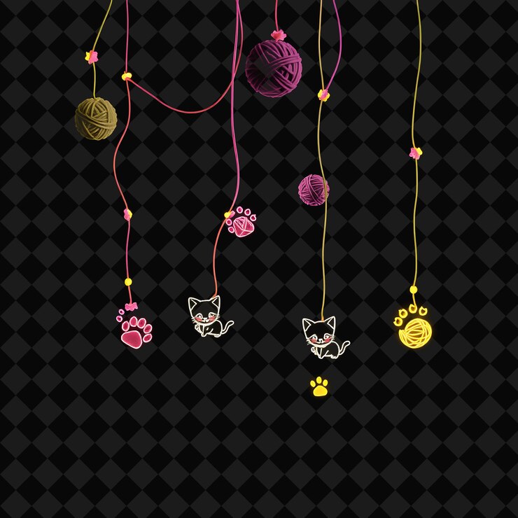 PSD decorative string hand drawn kittens and yarn balls neon paw prints shimmer along the string softl