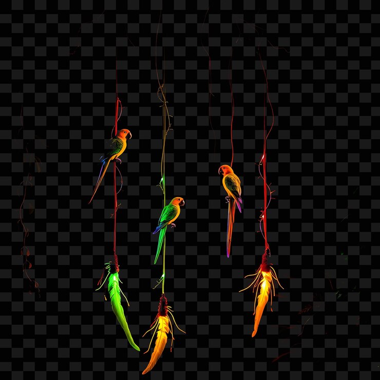 PSD decorative string jungle parrots and vines neon feathers drift along the string a lively colorful
