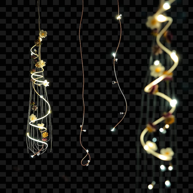PSD decorative string miniature flowers and sparkling crystals neon spirals trace the length of the st
