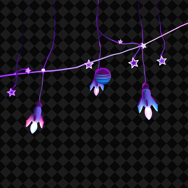 PSD decorative string miniature rockets and planets neon stars sparkle along the string casting a soft