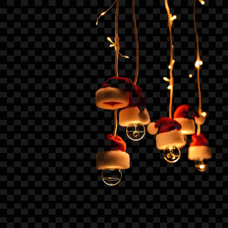 PSD decorative string santa hats and sleigh bells neon lights outline each hat casting soft reflection