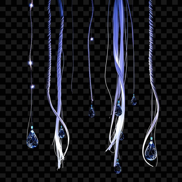 PSD decorative string silk braids and sapphire droplets neon radiates through the droplets filling the