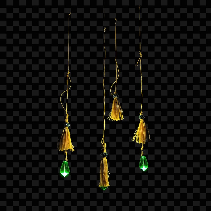PSD decorative string silk tassels and emerald pendants neon outlines each pendant casting a vibrant g