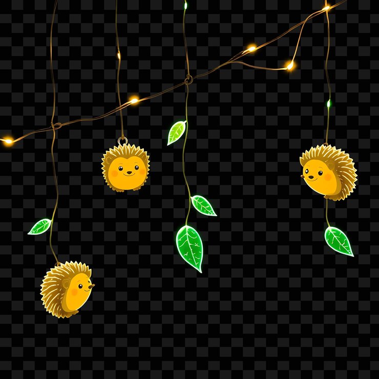 PSD decorative string smiling hedgehogs and leaves neon dots flicker along the string a cozy woodland