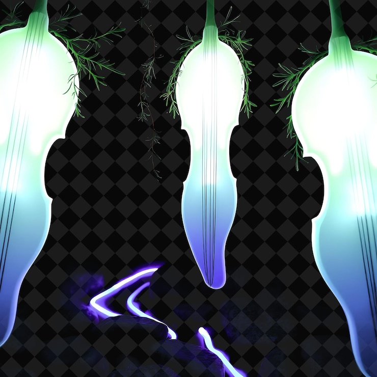 PSD decorative string sprigs of rosemary and smooth rocks neon ripples flow between the rocks casting