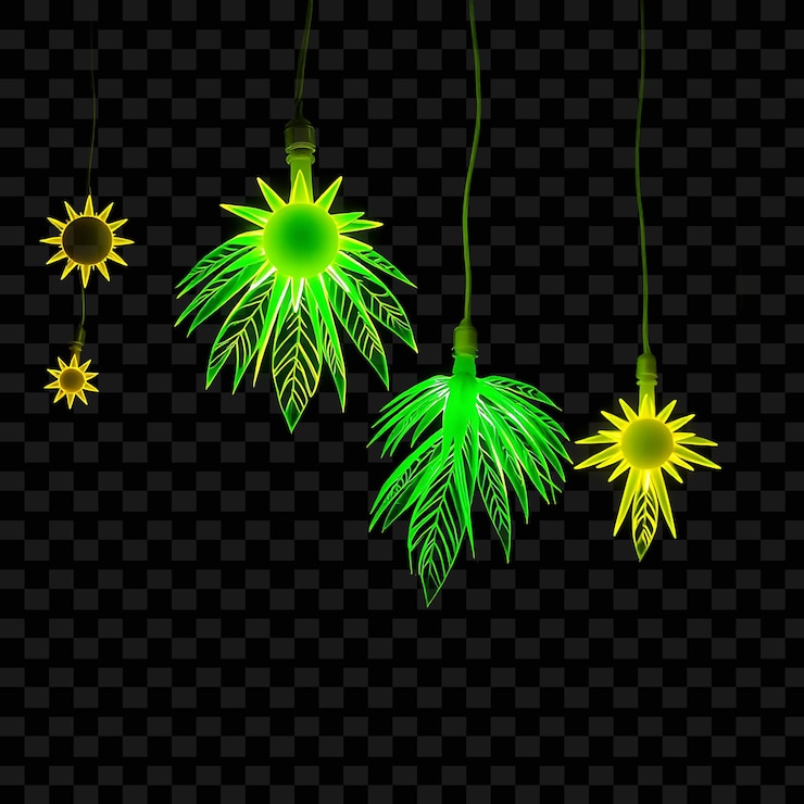 PSD decorative string tiny suns and palm leaves neon in bright green and yellow pulses along the strin