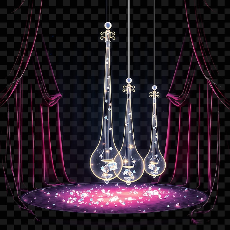 PSD decorative string velvet curtains and opal stones neon light radiates from every stone casting a s