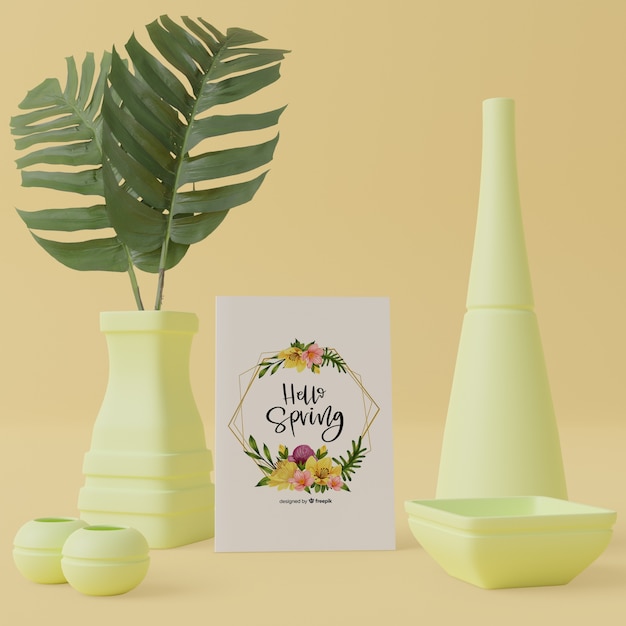 Decorative vases in 3d concept with spring card mock-up