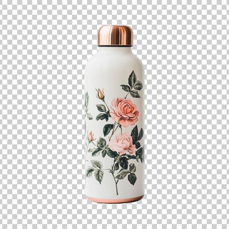 PSD decorative water bottle with rose floral print on transparent background
