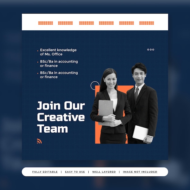 PSD deep blue orange professional job vacancy instagram post template