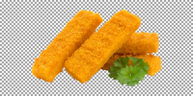 deep fried of fish finger sticks with parsley on transparent background