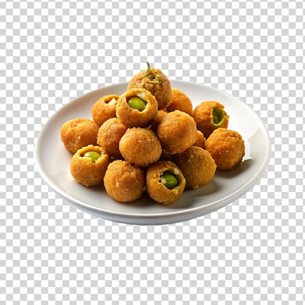 Deep fried olives on white plate isolated on transparent background