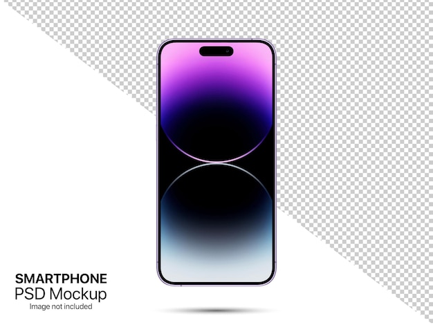 PSD modello di iphone 14 pro max vista frontale del mockup dello schermo dello smartphone deep purple 3d