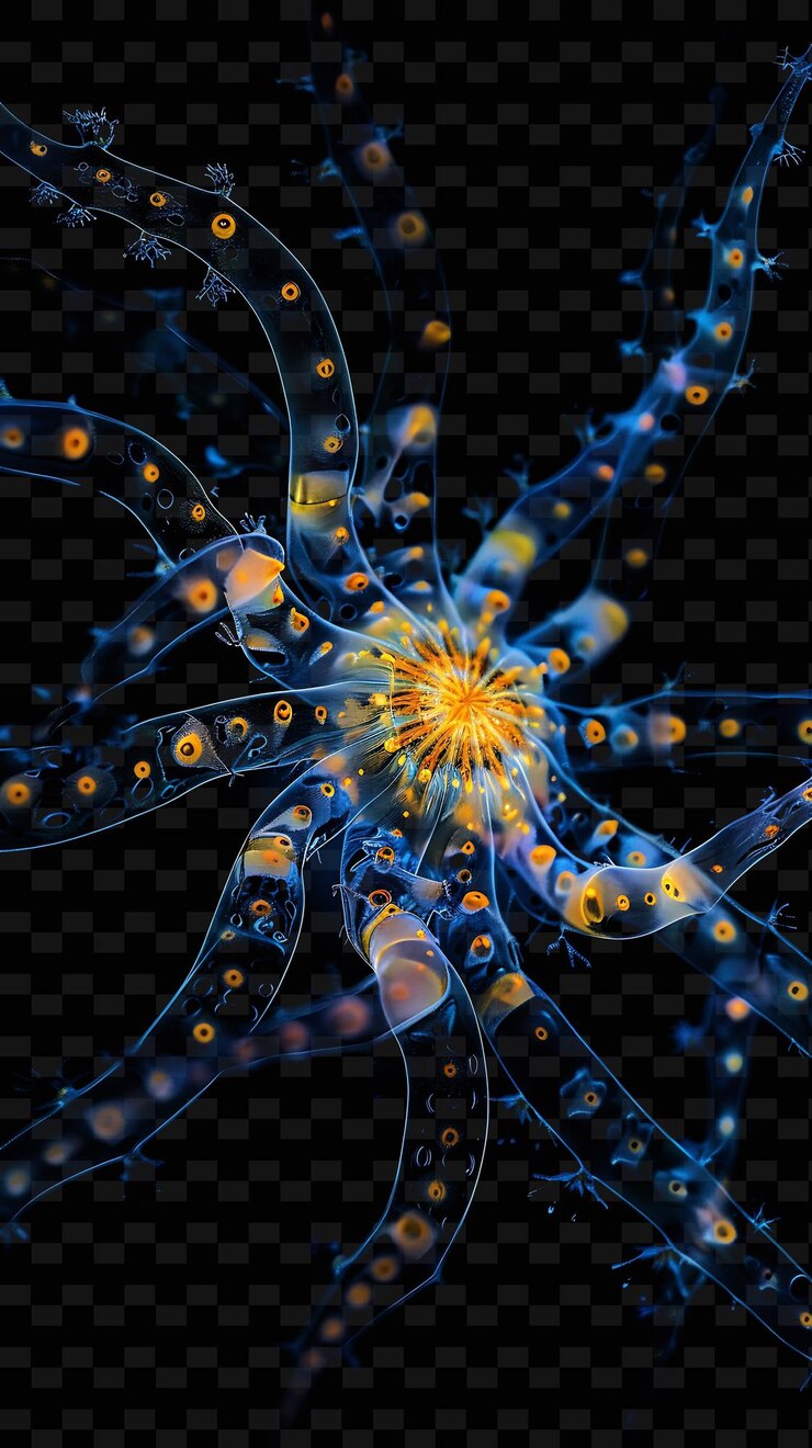 PSD deep sea brittle star with formations of deep sea rocks and sea creatures neon color collections