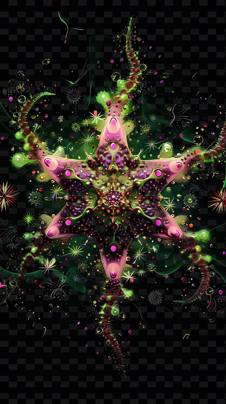 PSD deep sea sea star with associations of deep sea coral and nu sea creatures neon color collections