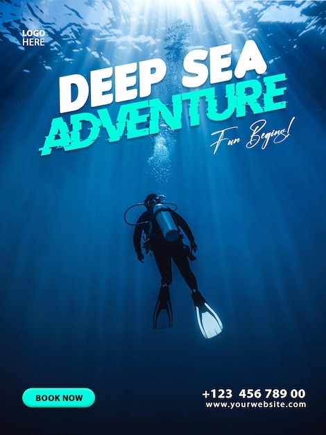 Deep Sea Summer Travel Adventure Explore Ocean Business Flyer Design Poster Template Sociale media