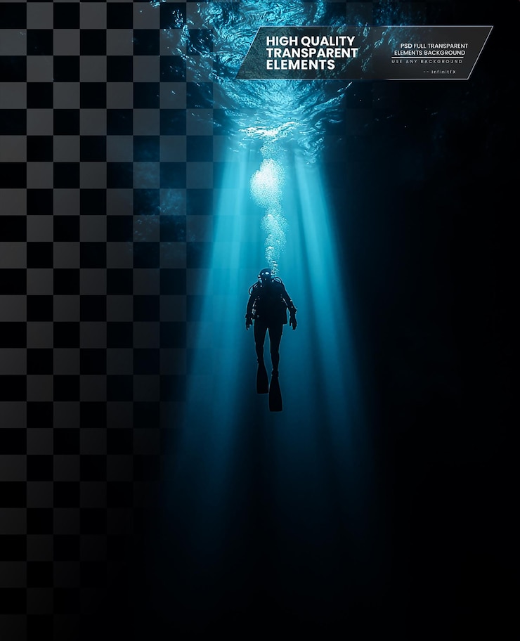 PSD a deepsea diver swimming in the dark ocean on transparent background
