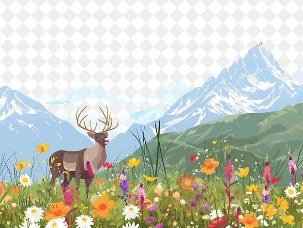 a deer in a field of flowers with mountains in the background