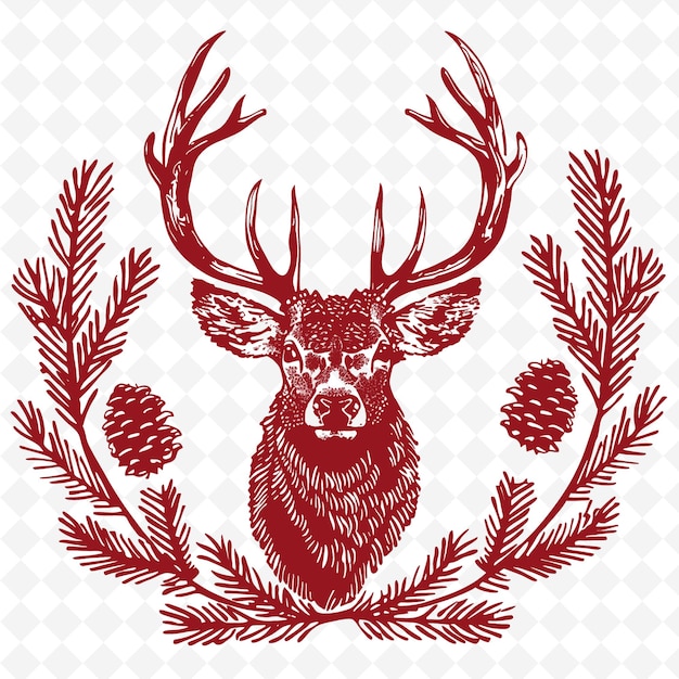 PSD deer line art met dennenkegel en immergroene takken voor deco outline scribble arts of nature decor