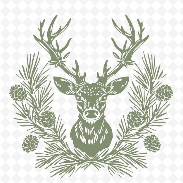 PSD deer line art z pączkami i wiecznie zielonymi gałęziami do dekoracji outline scribble arts of nature decor