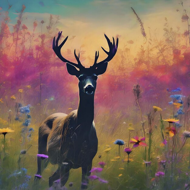 PSD silhouette di cervo con un campo di fiori selvatici