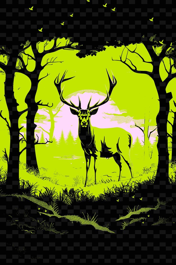 PSD deer standing in a misty forest poster design with a pop art png poster background designs psd