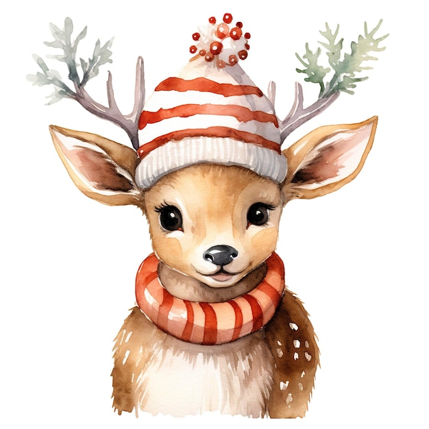 A deer wearing a santa hat