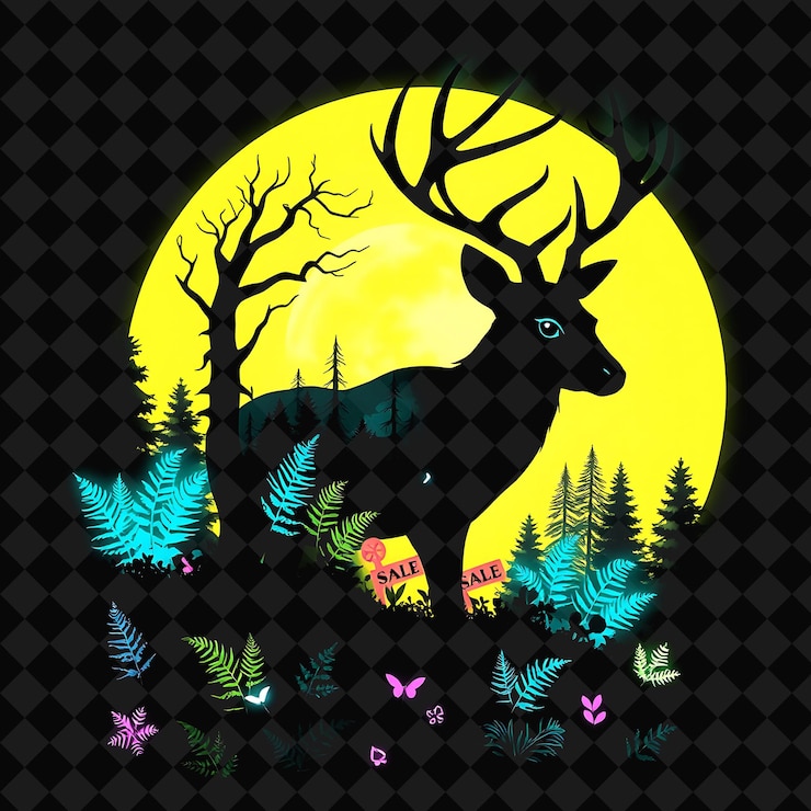 PSD a deer with a yellow moon and trees in the background
