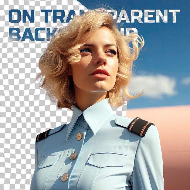 PSD a defensive adult woman with blonde hair from the nordic ethnicity dressed in air traffic controller attire poses in a one shoulder forward style against a pastel sky blue background