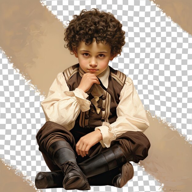 PSD a defensive child boy with curly hair from the mongolic ethnicity dressed in cabinetmaker attire poses in a seated with head resting on hand style against a pastel cream background