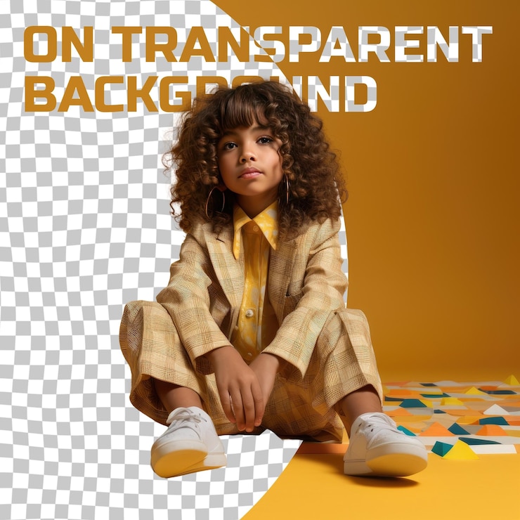 PSD a defensive child girl with curly hair from the west asian ethnicity dressed in playing board games attire poses in a sitting with legs stretched out style against a pastel yellow backgroun